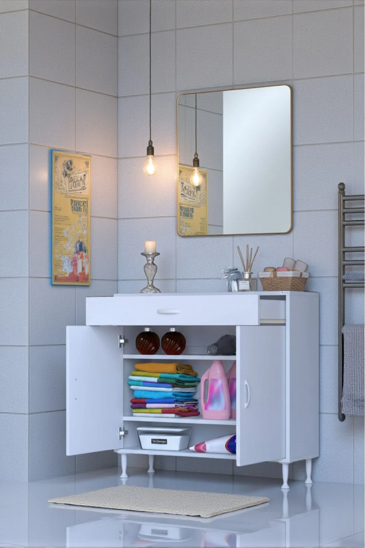 Taha 90 cm 3 Bölmeli Beyaz Çok Amaçlı Dolap 2 Raflı Banyo Mutfak 