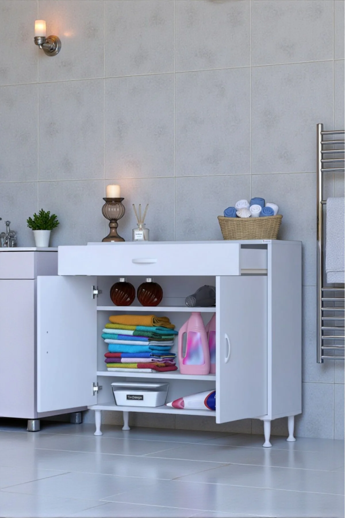 Taha 95 cm 3 Bölmeli Beyaz Çok Amaçlı Dolap 2 Raflı Banyo Mutfak 