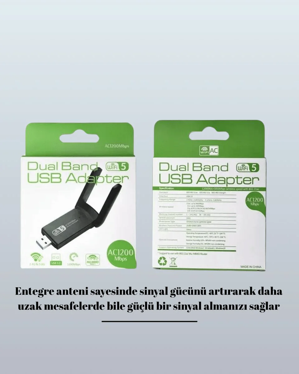 Tak-Çalıştır Çift Bant WiFi Adaptör 1200 Mbps - Hızlı ve Kesintisiz İnternet