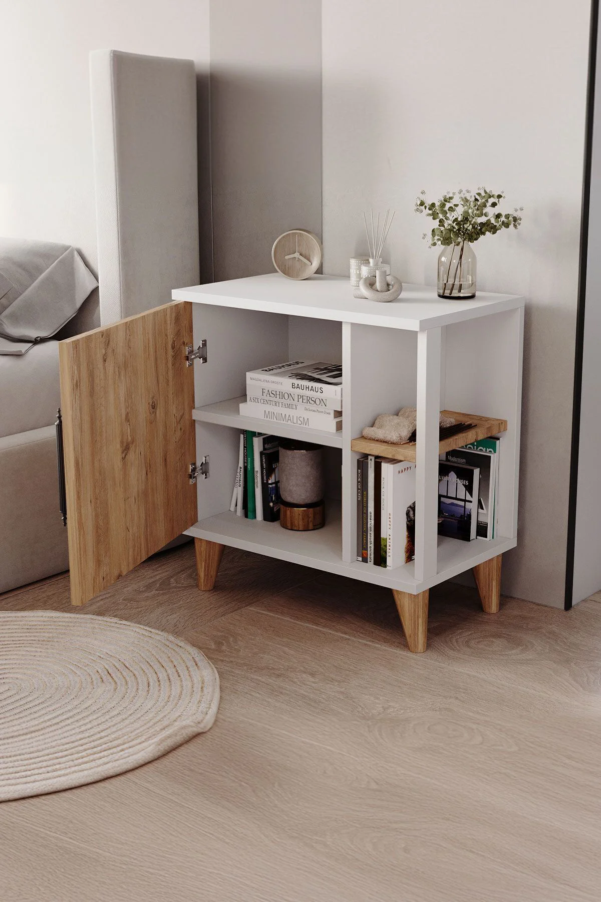 Taksuk 4 Raflı Kapaklı Modern Komodin Çam