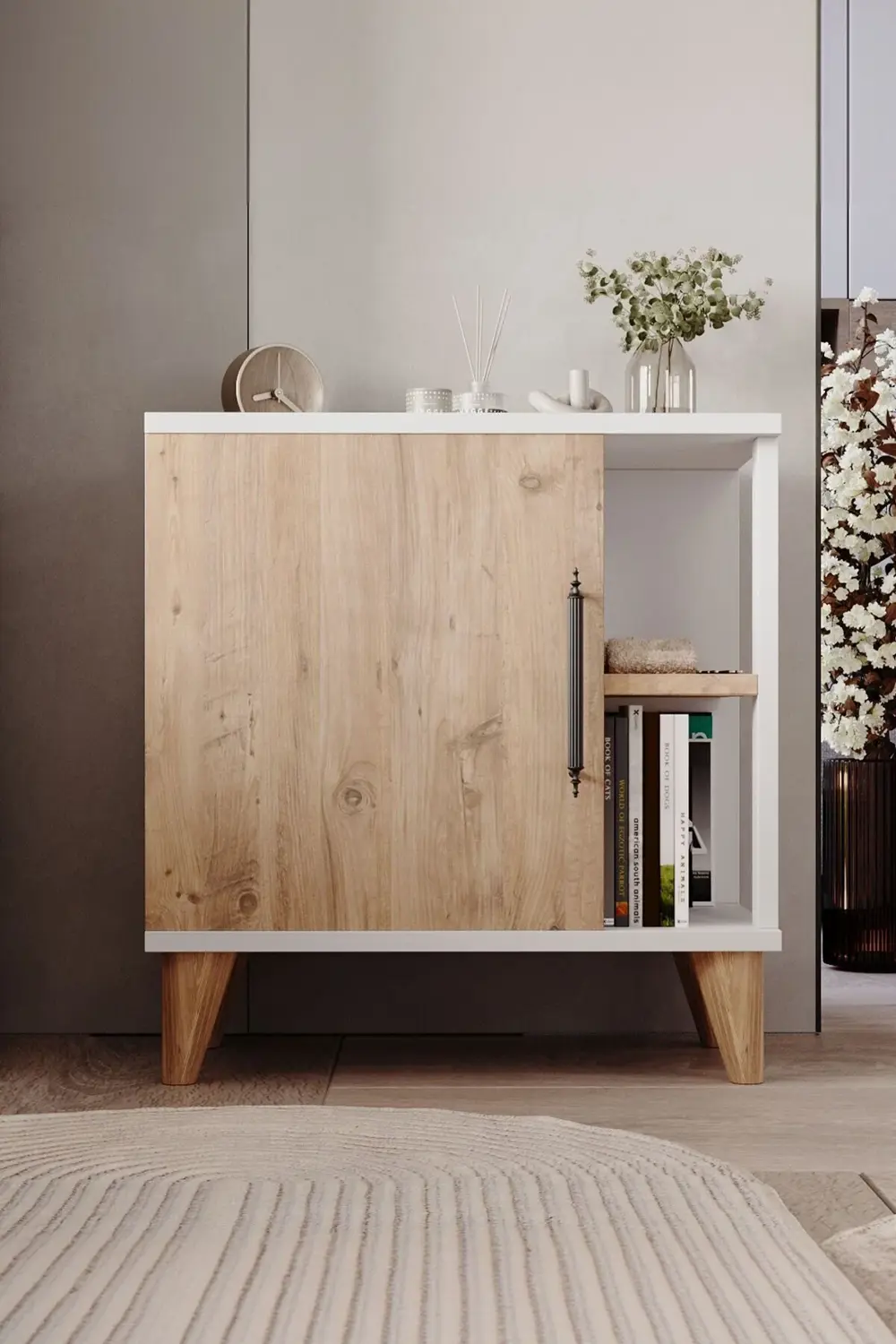 Taksuk 4 Raflı Kapaklı Modern Komodin Çam