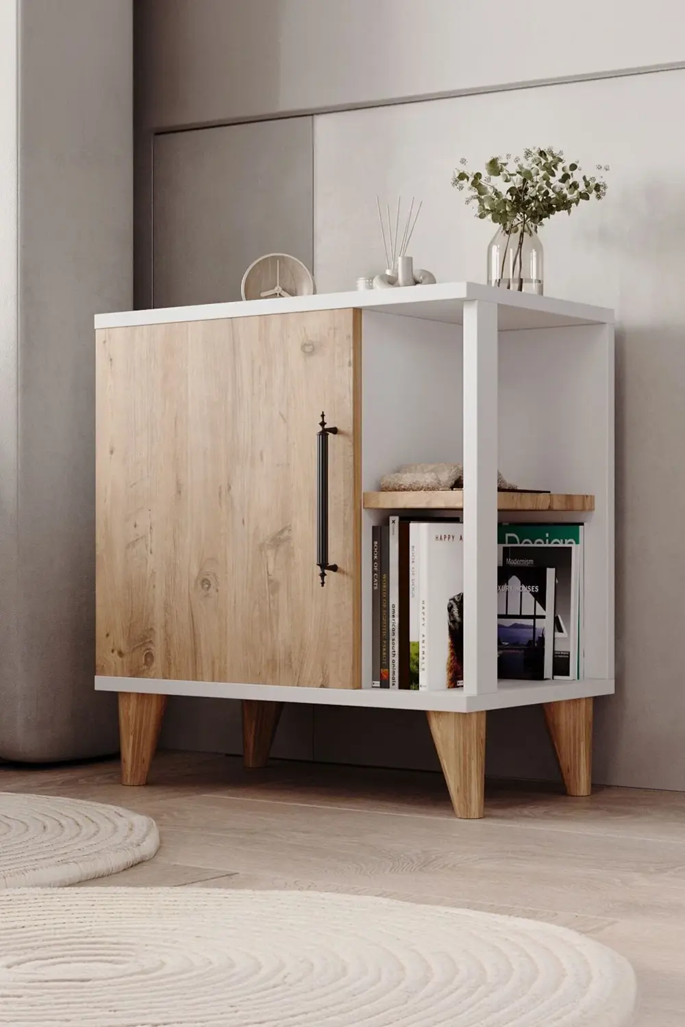 Taksuk 4 Raflı Kapaklı Modern Komodin Çam