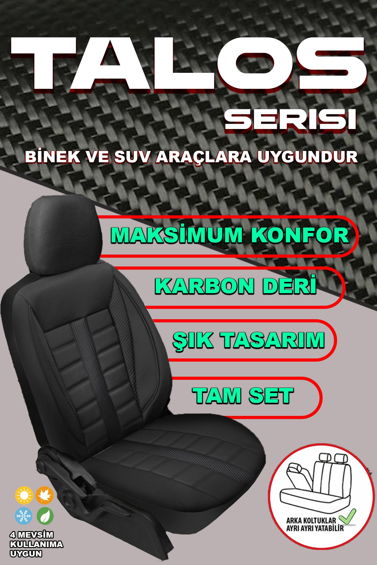 Talos Serisi Carbon Deri Detaylı Taytüyü Oto Koltuk Kılıfı Ön Ark