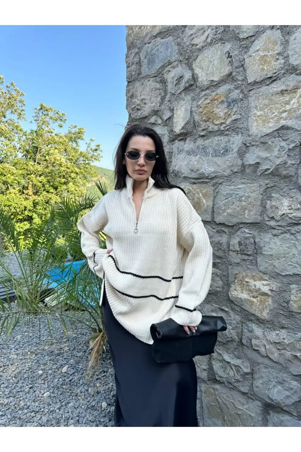 TAM BALIKÇI FERMUARLI UZUN KOLLU ÇİZGİLİ TRİKO KAZAĞI