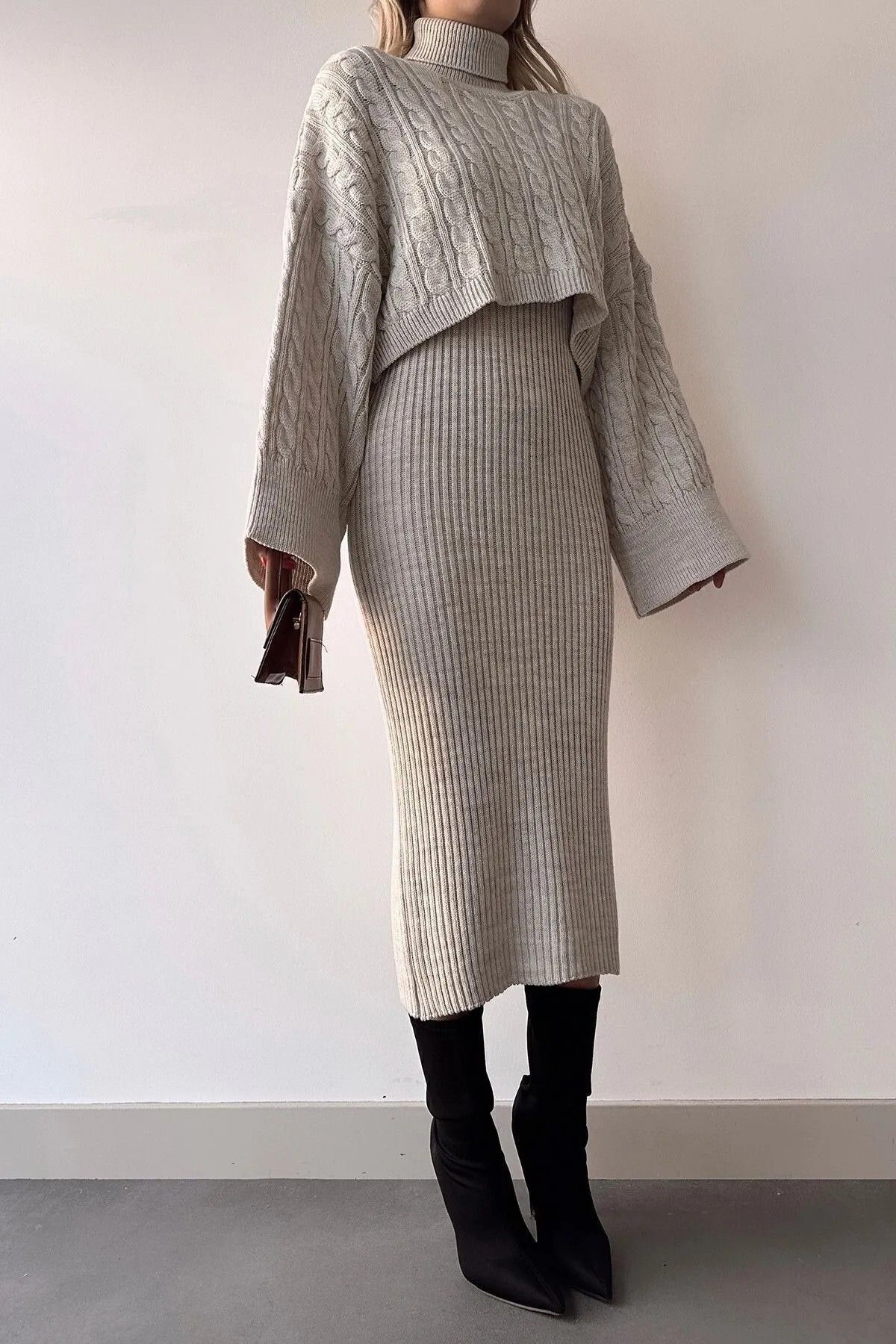 Nzl Tekstil Tam Balikci Örgülü Crop Kazakli Kadin Triko Uzun Etekli Takim