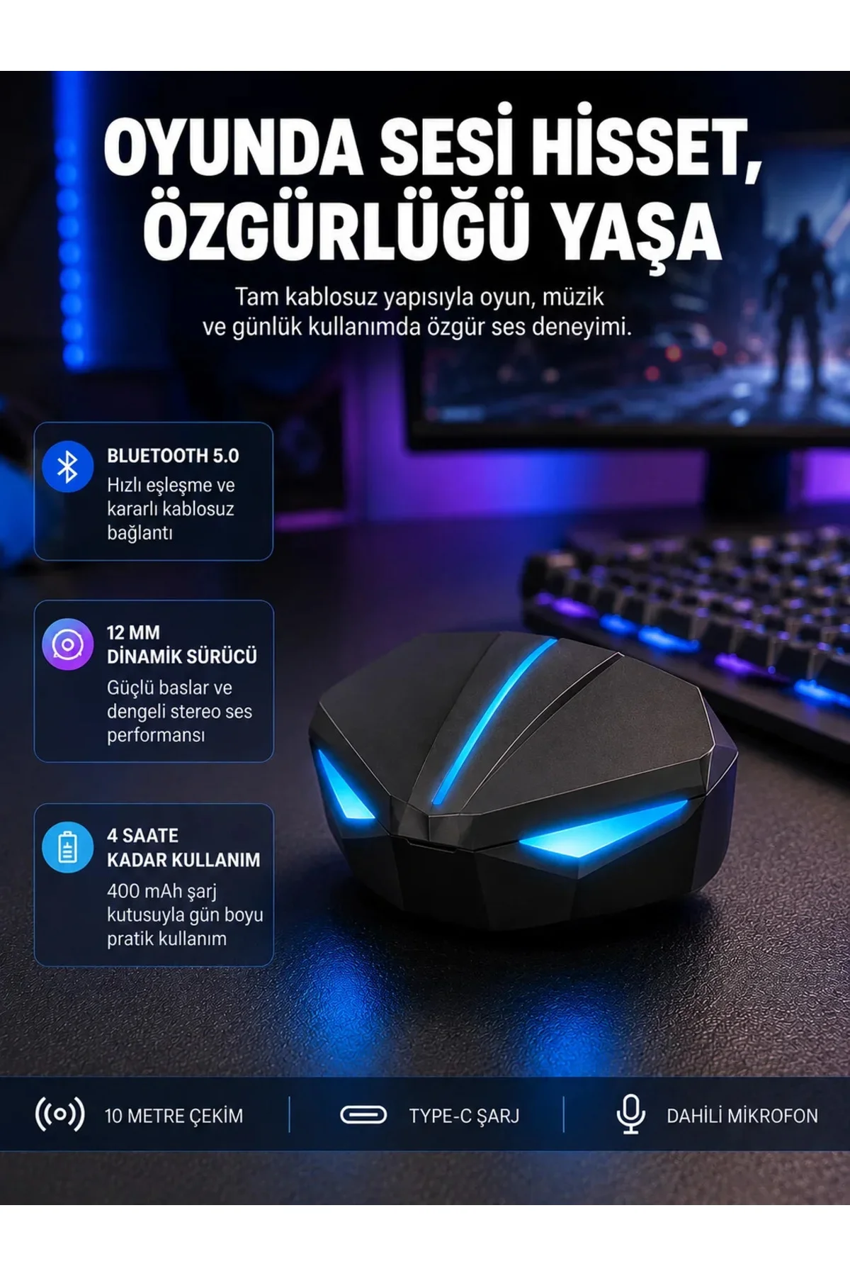 Tam Kablosuz Oyuncu Kulaklığı 5.0 Bluetooth LED Kontrollü Yeni Nesil
