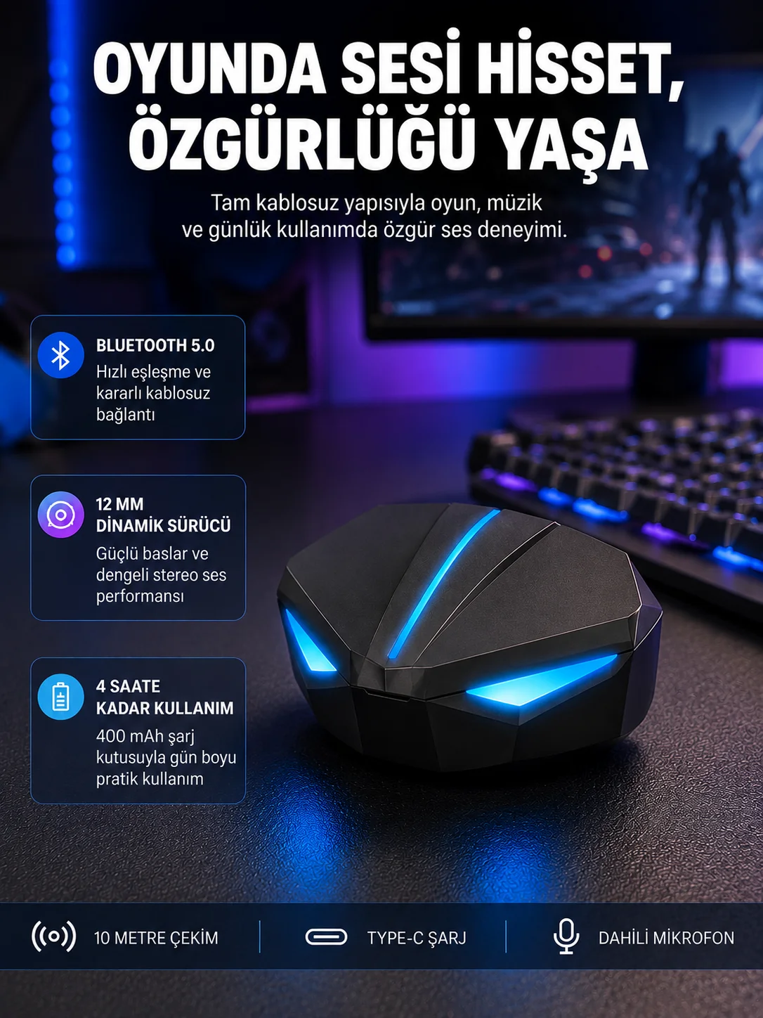 Tam Kablosuz Oyuncu Kulaklığı 5.0 Bluetooth LED Kontrollü Yeni Nesil Tam Kablosuz Oyuncu Kulaklığı 5.0 Bluetooth LED Kontrollü Yeni Nesil