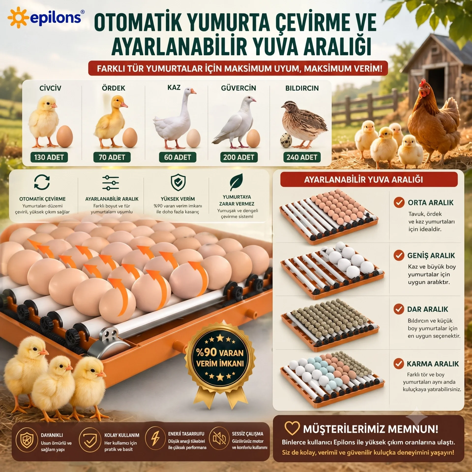 Tam Otomatik Kuluçka Makinesi 130 Yumurta Kapasiteli - Akıllı Isı ve Nem Kontrollü, Ayarlanabilir Viyol, Otomatik Su Sistemli Fiyatı, Yorumları ve Özellikleri