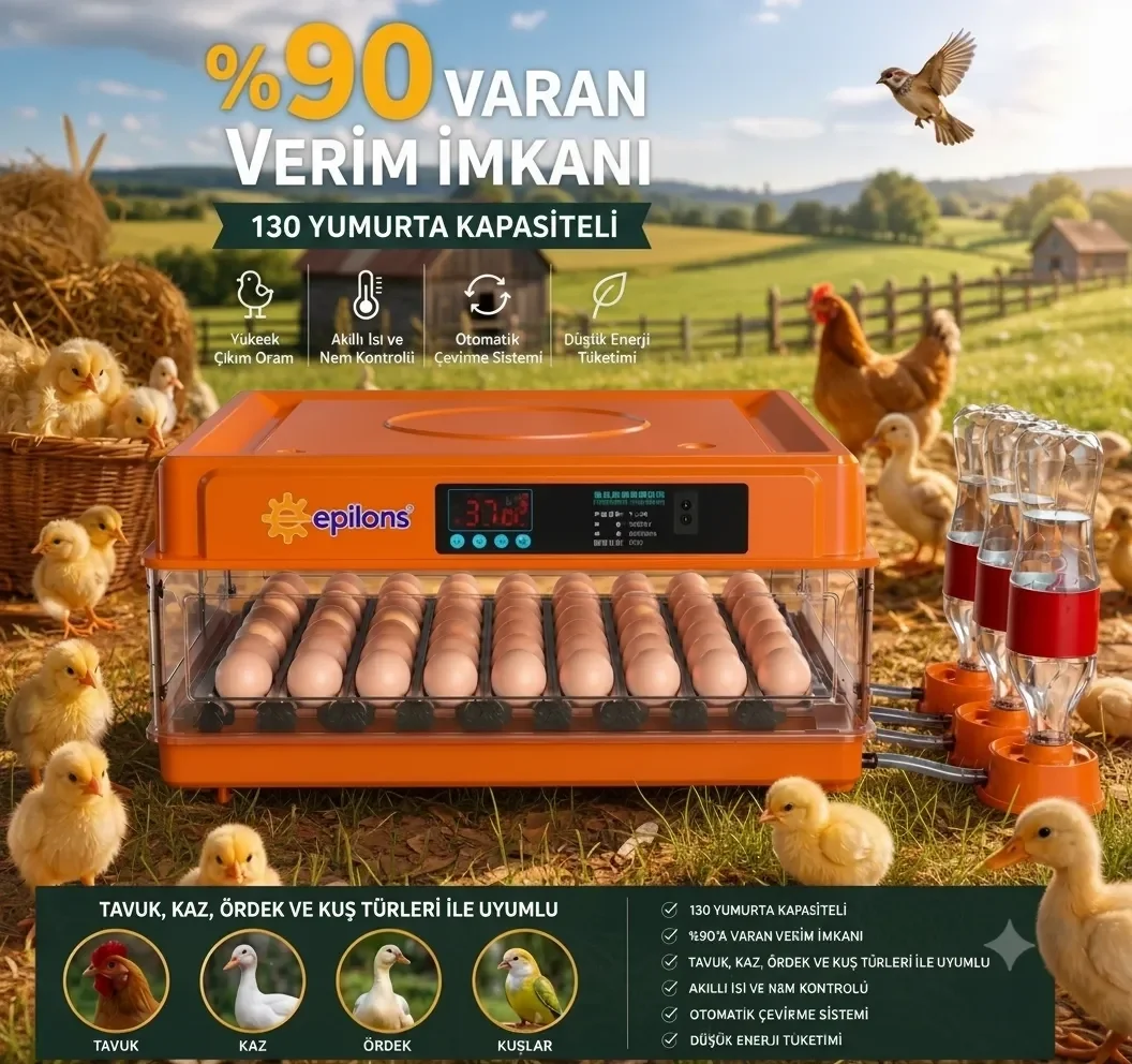 Tam Otomatik Kuluçka Makinesi 130 Yumurta Kapasiteli | Akıllı Isı ve Nem Kontrolü | Otomatik Yumurta Çevirme | Otomatik Su Sistemi | Ayarlanabilir Viy Fiyatı, Yorumları ve Özellikleri