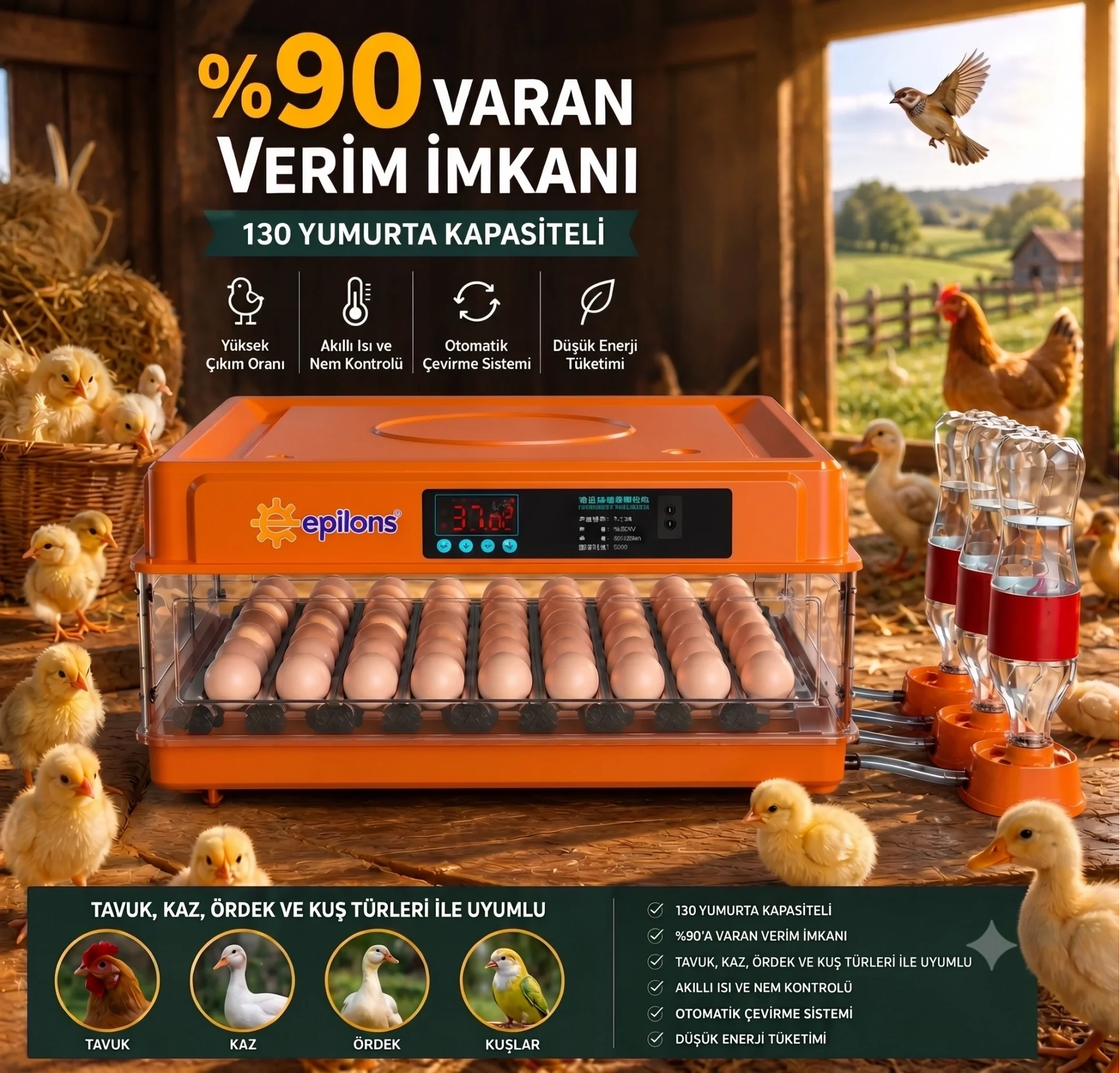 Tam Otomatik Kuluçka Makinesi 130 Yumurta Kapasiteli - Akıllı Isı ve Nem Kontrollü, Ayarlanabilir Viyol, Otomatik Su Sistemli Fiyatı, Yorumları ve Özellikleri