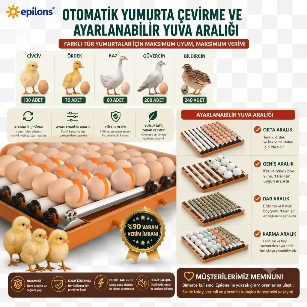 Tam Otomatik Kuluçka Makinesi 130 Yumurta Kapasiteli | Akıllı Isı ve Nem Kontrolü | Otomatik Yumurta Çevirme | Otomatik Su Sistemi | Ayarlanabilir Viy Fiyatı, Yorumları ve Özellikleri