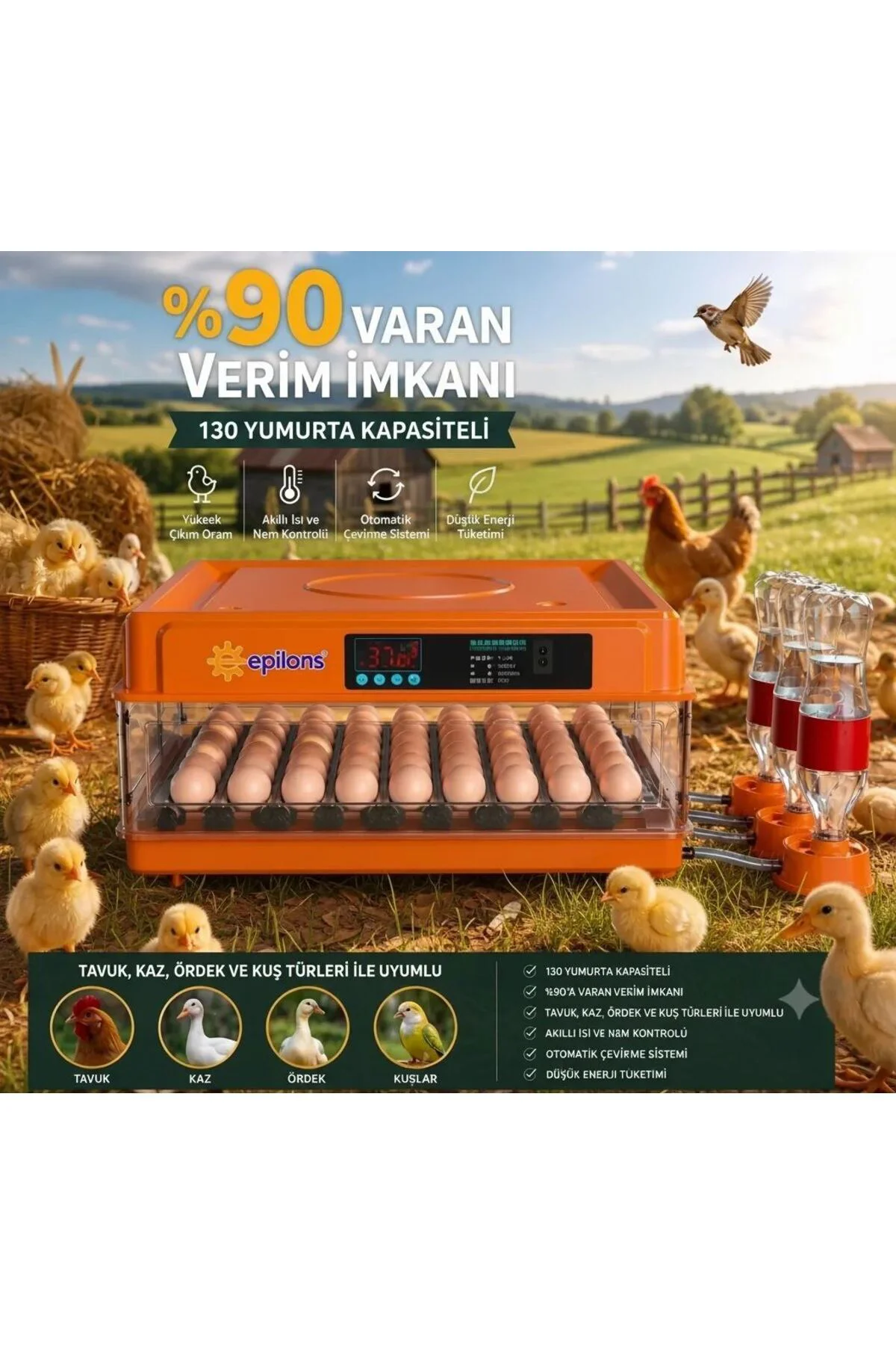 Tam Otomatik Kuluçka Makinesi 130 Yumurta Kapasiteli | Akıllı Isı