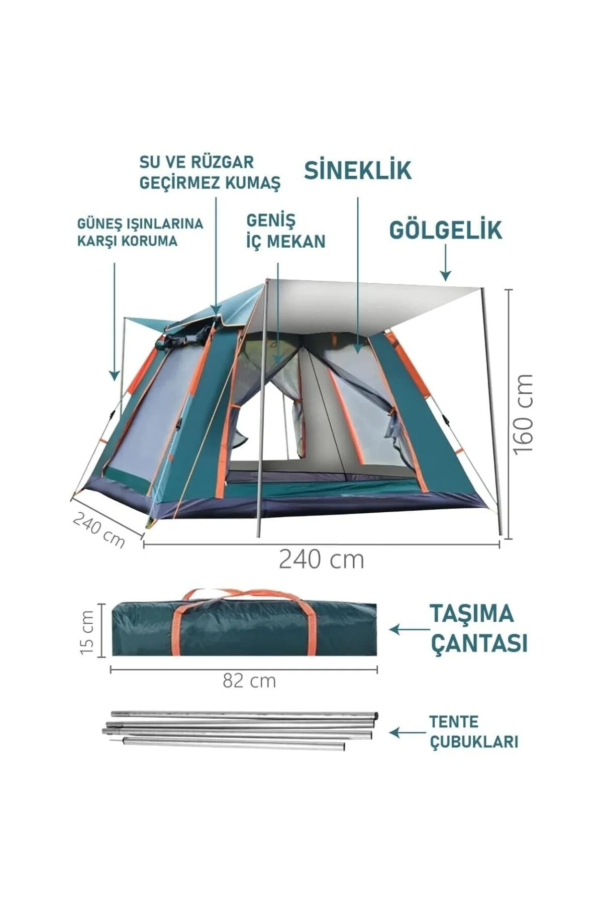 Tam Otomatik Tenteli 4-6 Kişilik Kamp Çadırı 240x240x155 Cm