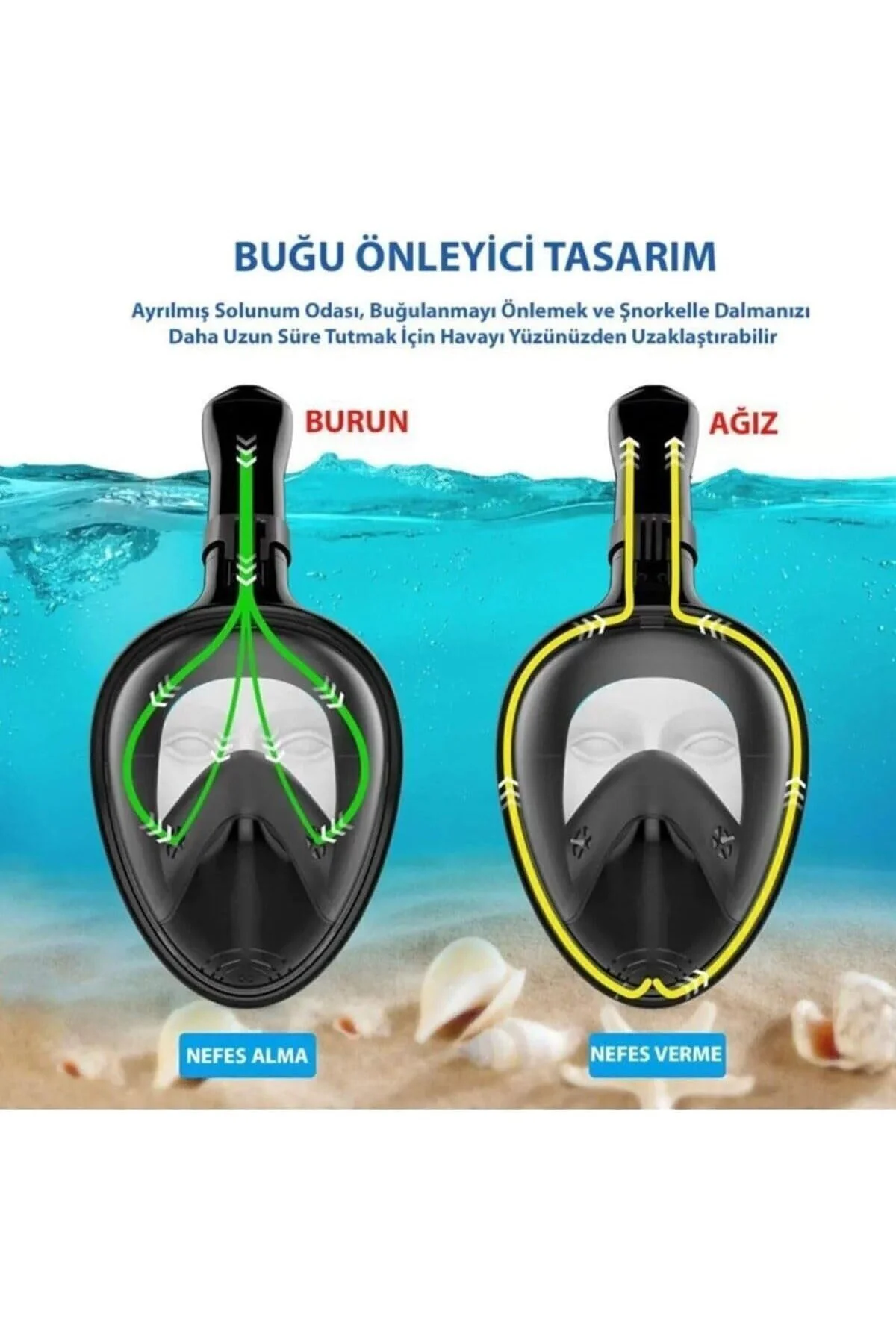 Tam Yüz Dalış Maskesi Buğu Önleyici Şnorkel Fullface Yüzücü Maske