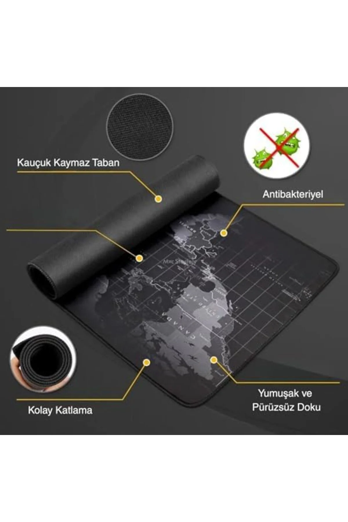 TAMGÜN Mouse Pad 30x60 cm Kaymaz Kauçuk Tabanlı Dünya Haritası Ga