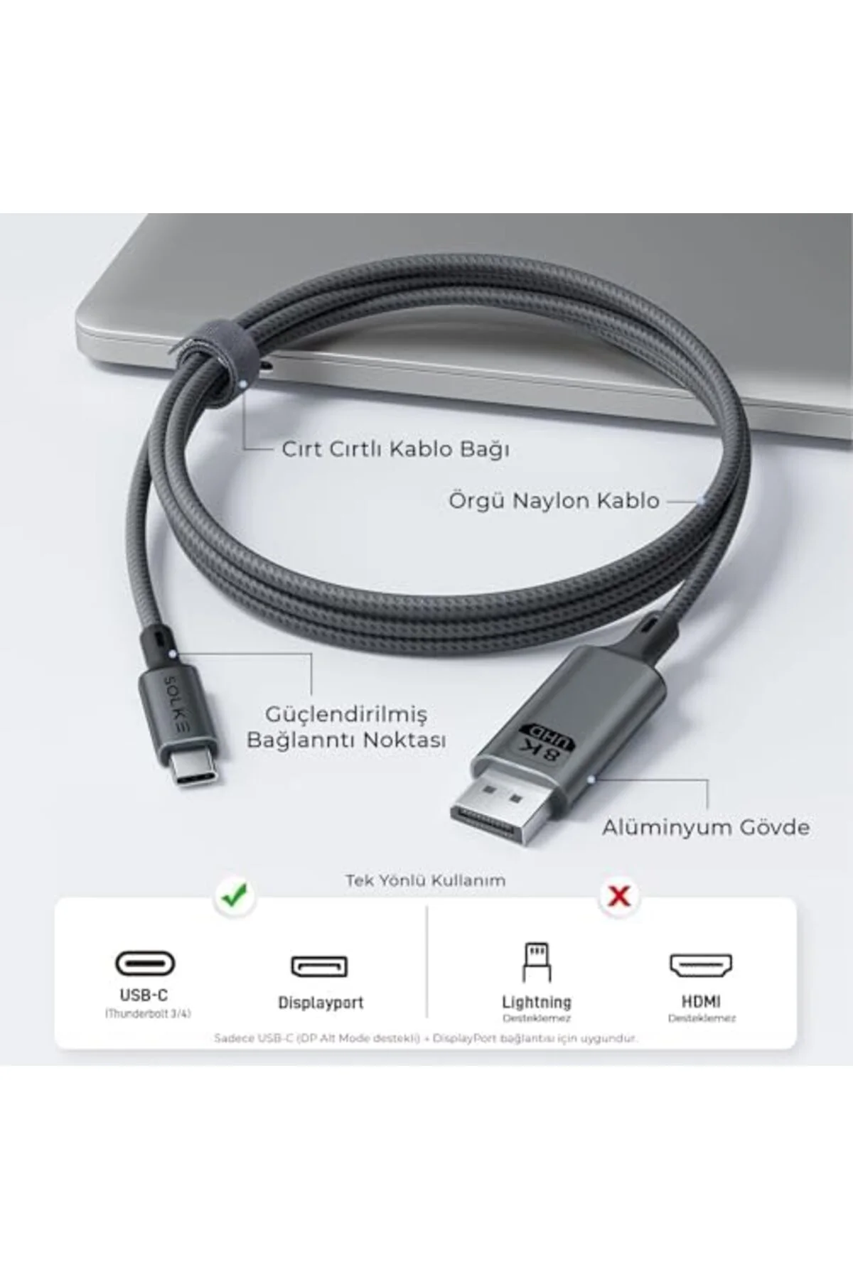 TAMGÜN USB-C to DisplayPort 1.4 Kablo 2 Metre 8K 60Hz 4K 144Hz 2K