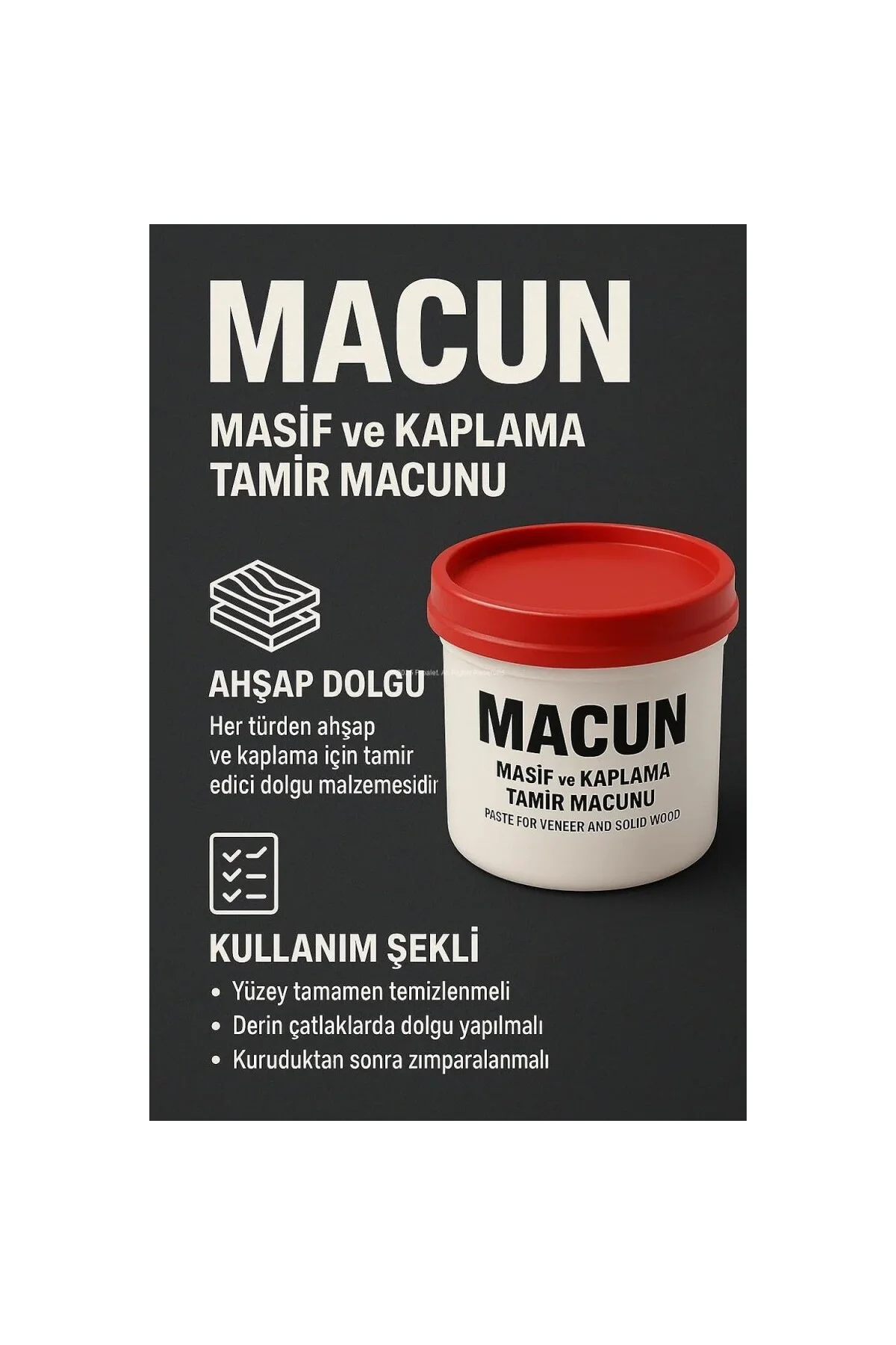 Tamir Macunu, Ahşap, Kaplama, Masif Yüzey, Çizik, Çatlak, Delik O