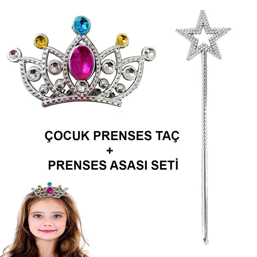 Taraklı Prenses Tacı ve Yıldız Asa Seti Gümüş - Çocuklar İçin Prenses Takımı