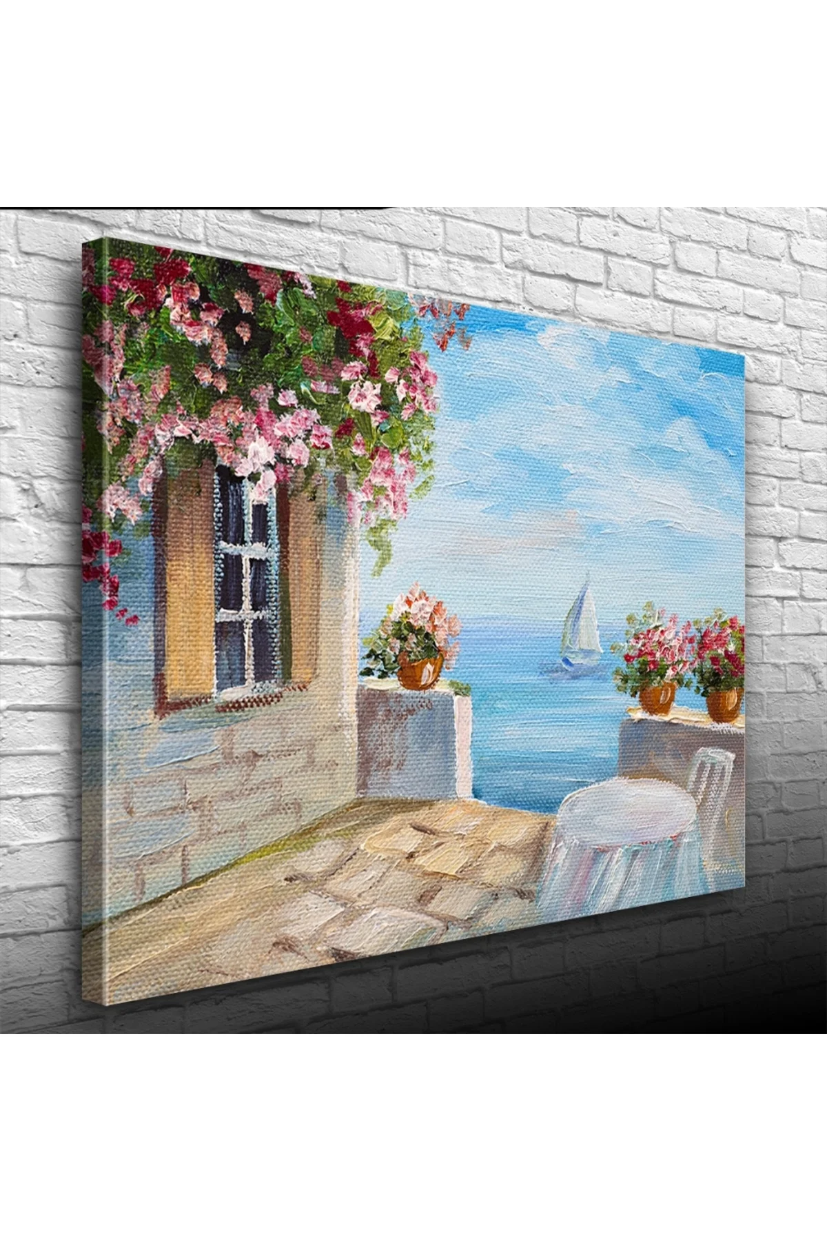 Taş Balkon, Deniz ve Yelkenli Yağlıboya Kanvas Tablo 50 x 70