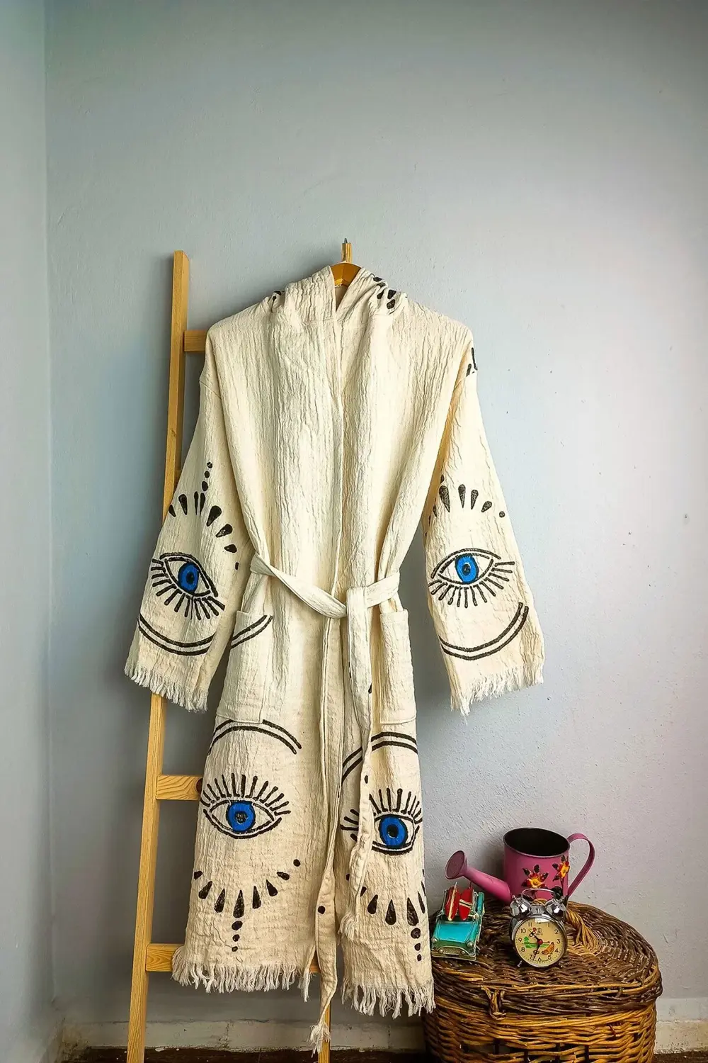 Taş Baskı Bornoz Damla Mavi Göz