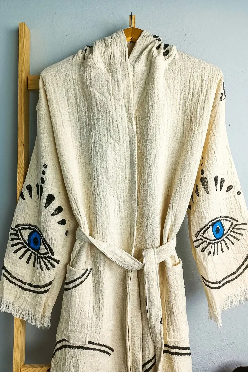 Taş Baskı Bornoz Damla Mavi Göz