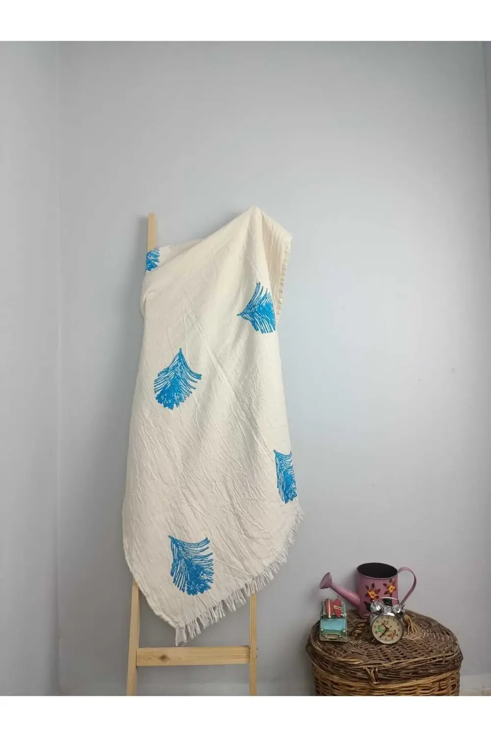 Taş Baskı Peştemal Mavi Tüy