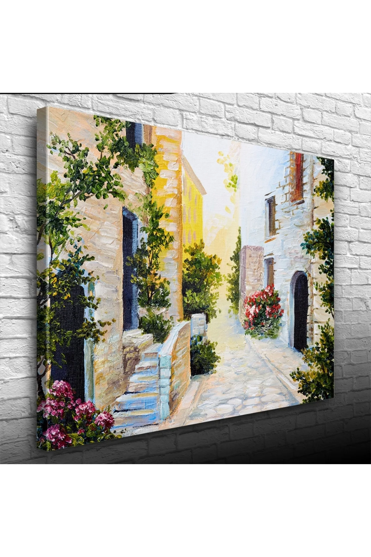 Taş Evler Ve Çiçekli Yol Yağlıboya Kanvas Tablo 50 x 70