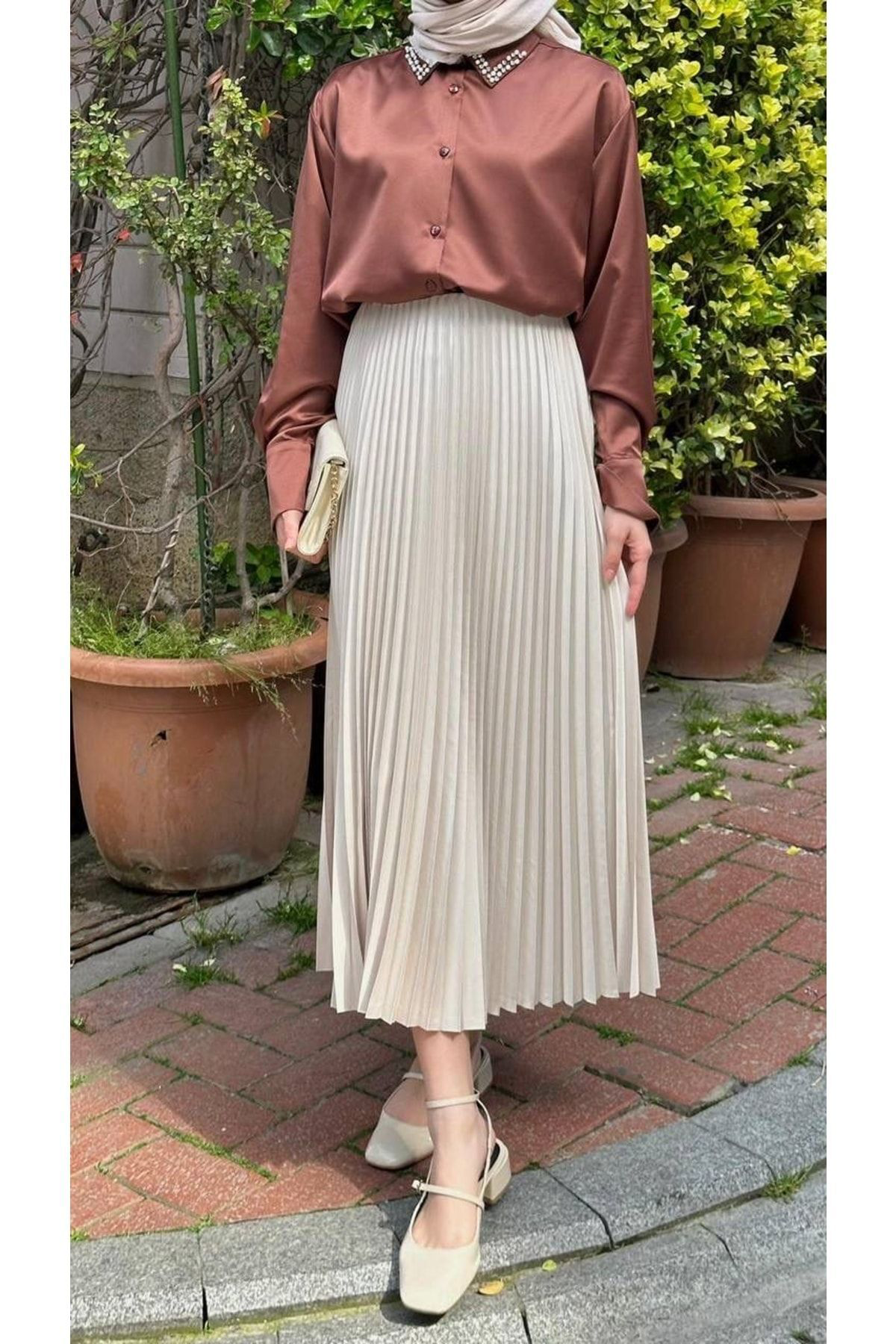 Allmira Fashion Taş İnce Piliseli Deri Görünümlü Tesettür Etek