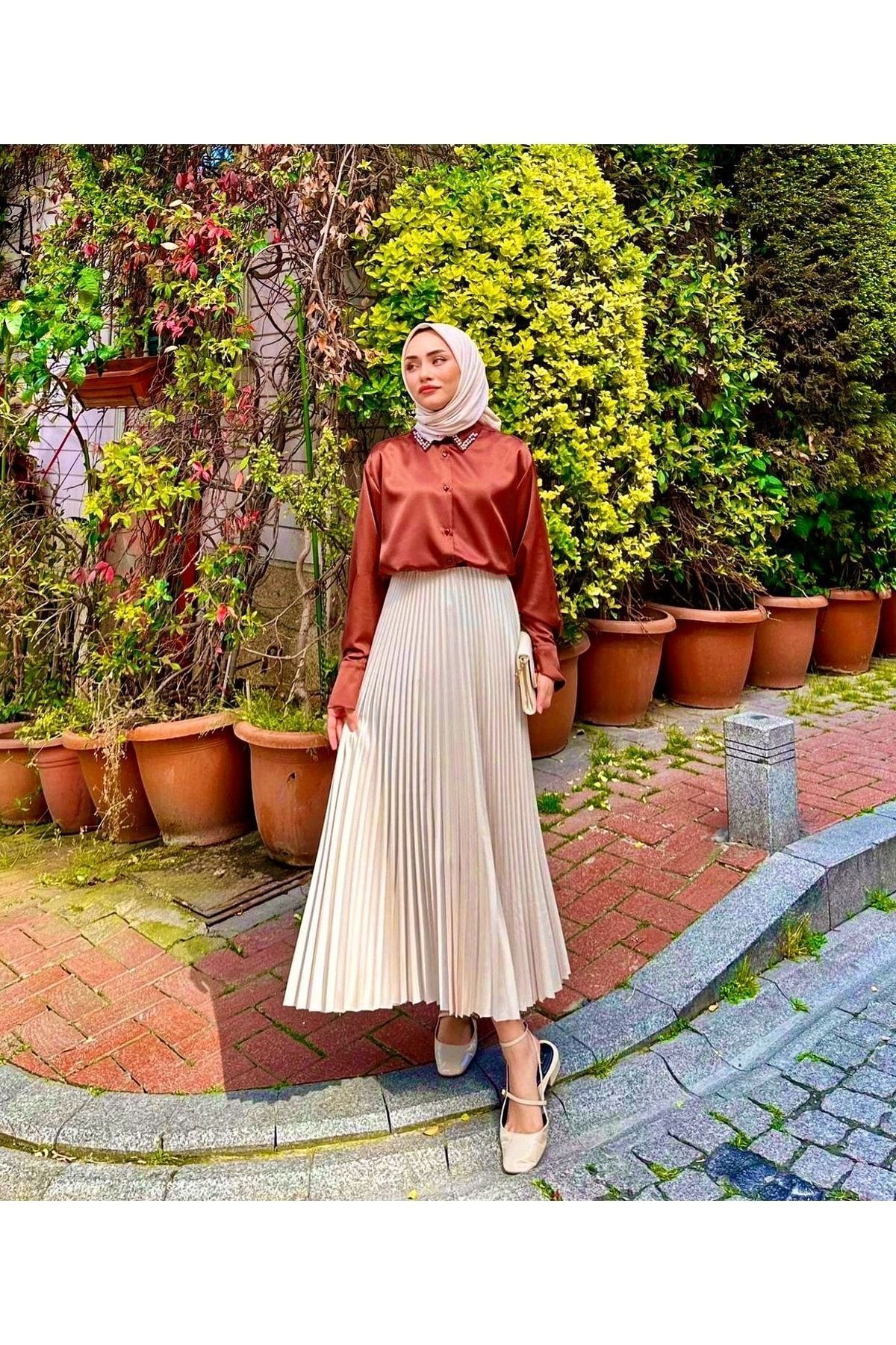 Allmira Fashion Taş İnce Piliseli Deri Görünümlü Tesettür Etek