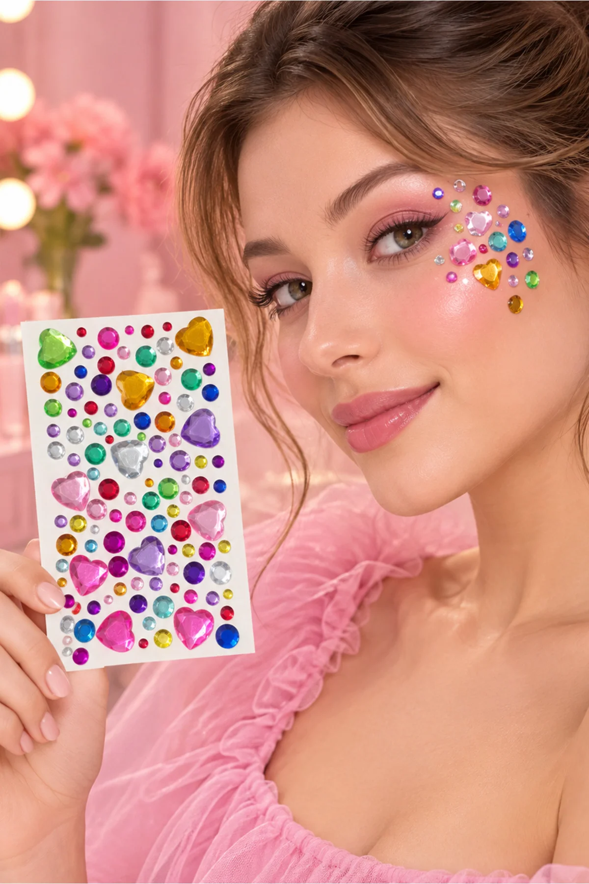 Taş Sticker Karışık Renkli Kalpli Yapışkanlı Saç, Yüz, Vücut, Tırnak Ve Pasta Süs Taşı Yılbaşı Işıltılı