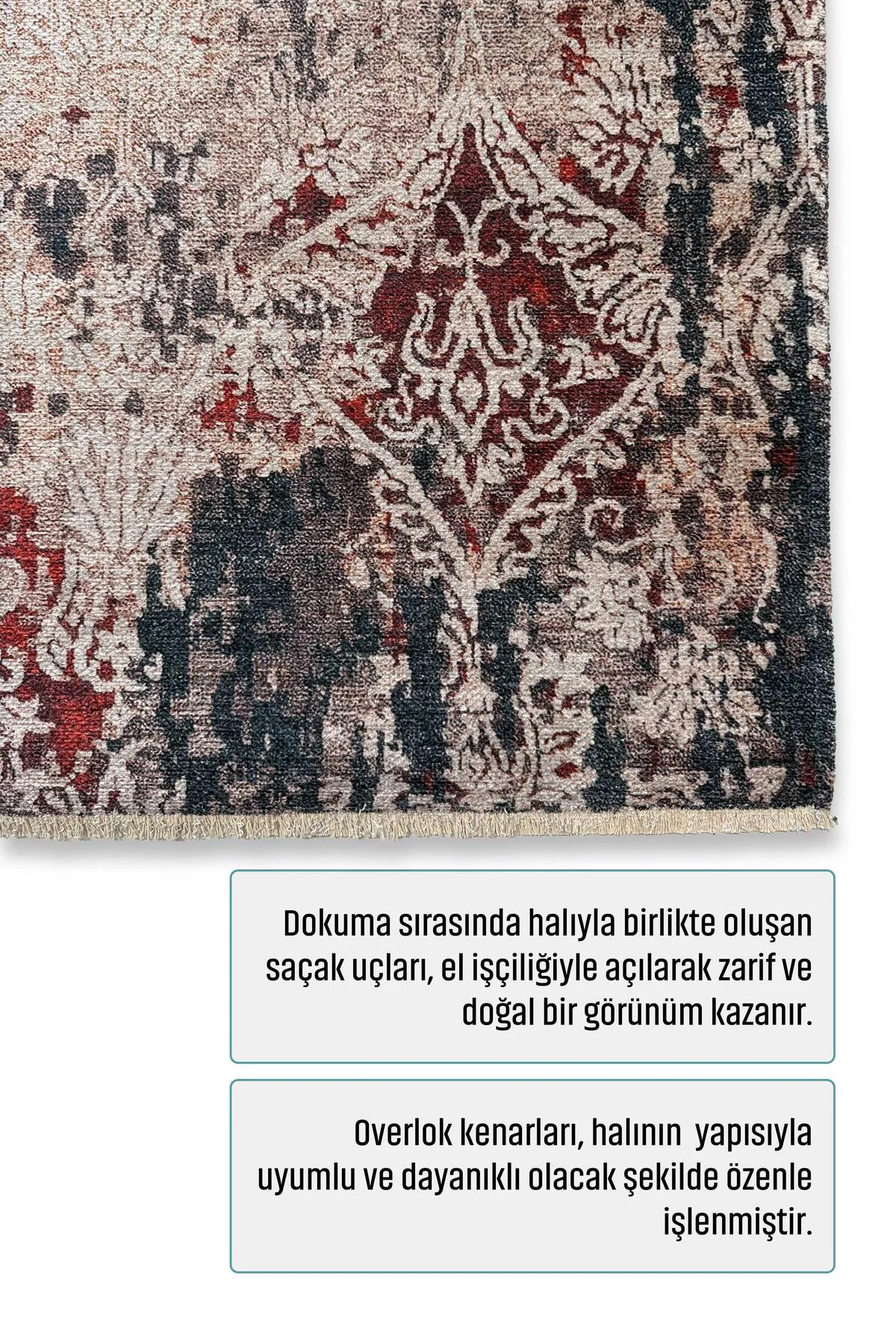 Tasarım Bej Gri Şönil Halı Kilim Yolluk Kaymaz Saçaklı Yıkanabili
