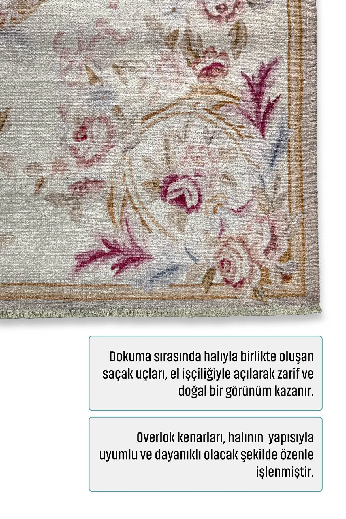 Tasarım Bej Klasik Çiçekli Şönil Halı Kilim Yolluk Kaymaz Saçaklı
