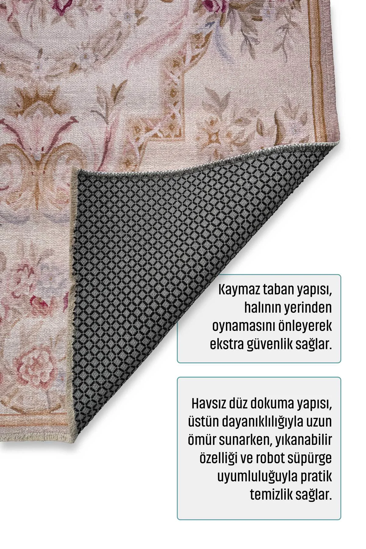 Tasarım Bej Klasik Çiçekli Şönil Halı Kilim Yolluk Kaymaz Saçaklı