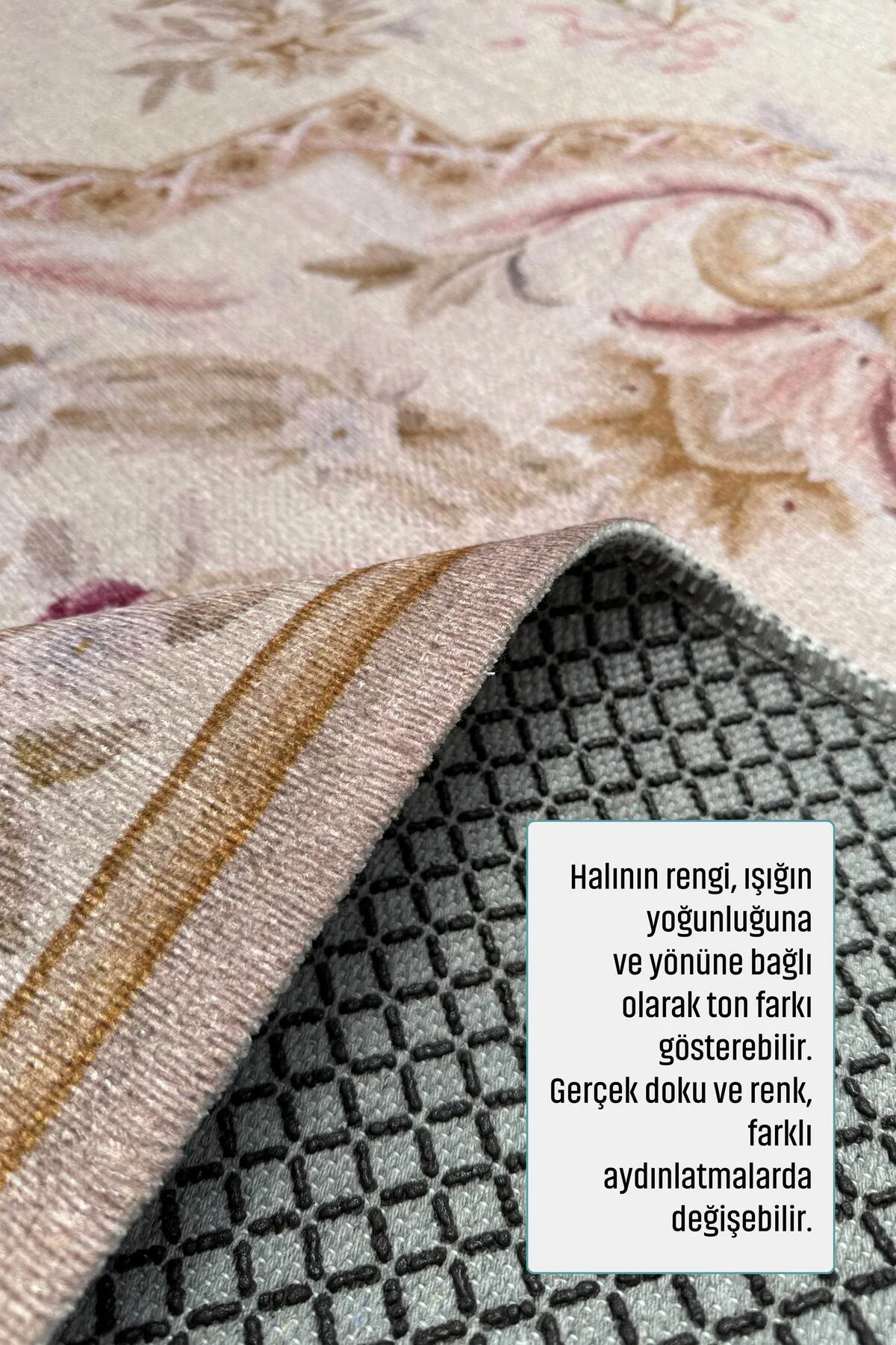 Tasarım Bej Klasik Çiçekli Şönil Halı Kilim Yolluk Kaymaz Saçaklı