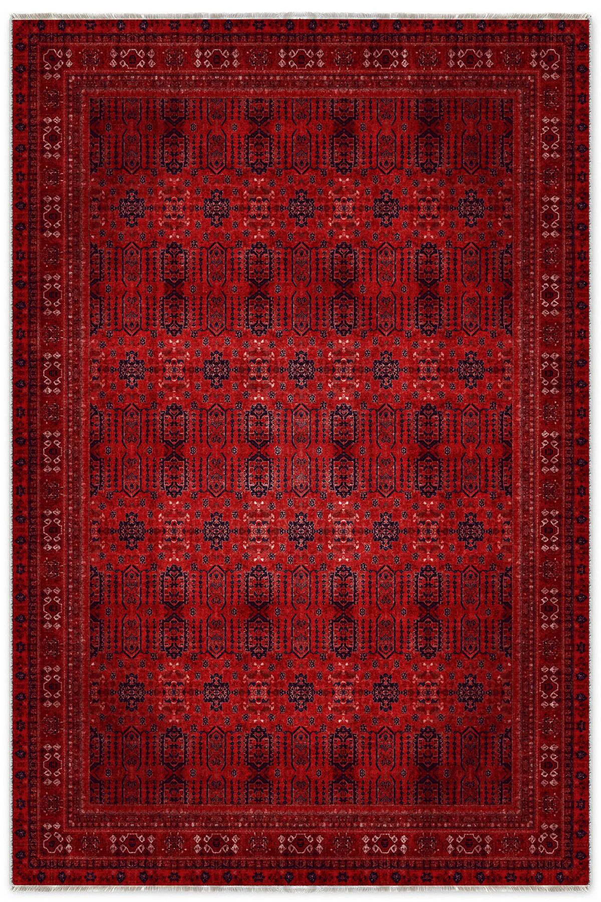 Tasarım Bordo Kırmızı Afgan Türkmen Şönil Halı Kilim Yolluk Kayma