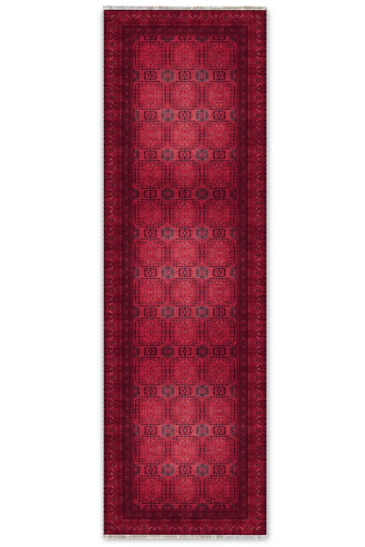Tasarım Bordo Kırmızı Afgan Türkmen Şönil Halı Kilim Yolluk Kayma