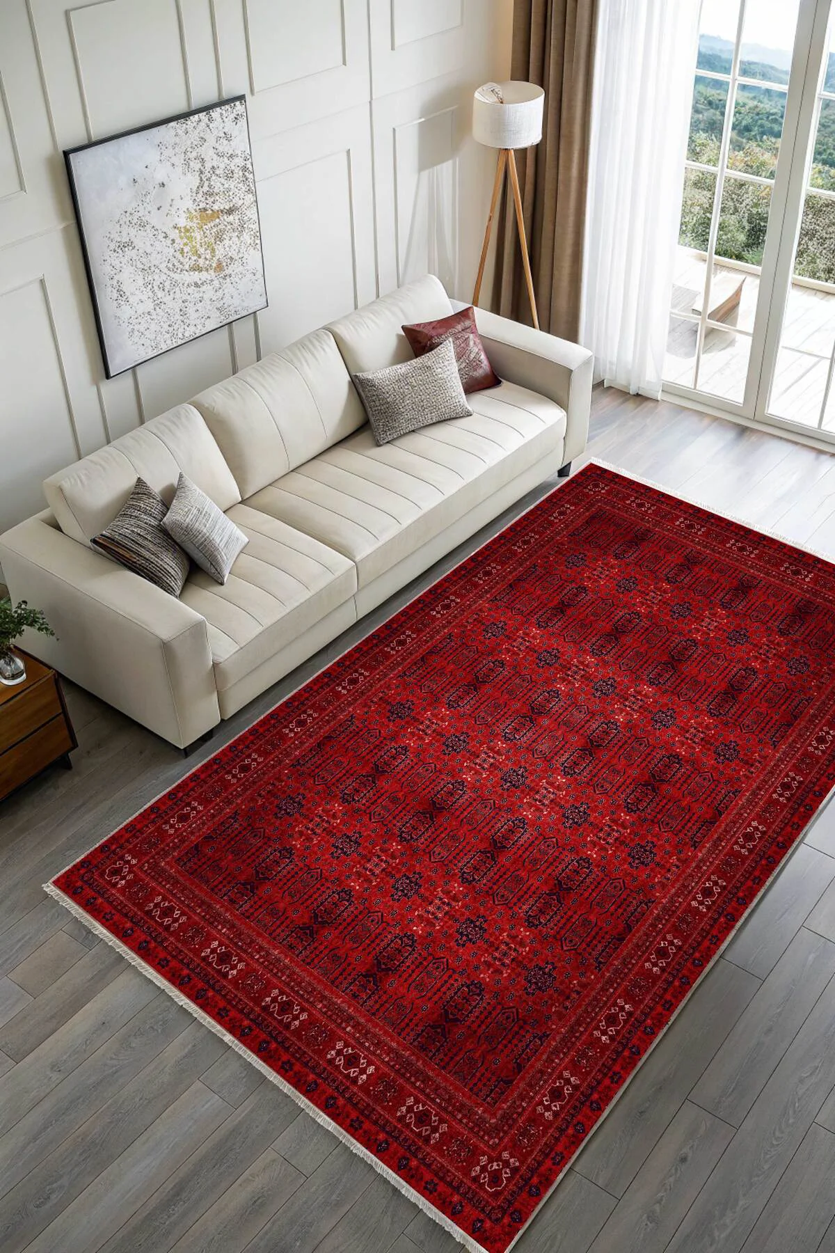 Tasarım Bordo Kırmızı Afgan Türkmen Şönil Halı Kilim Yolluk Kayma