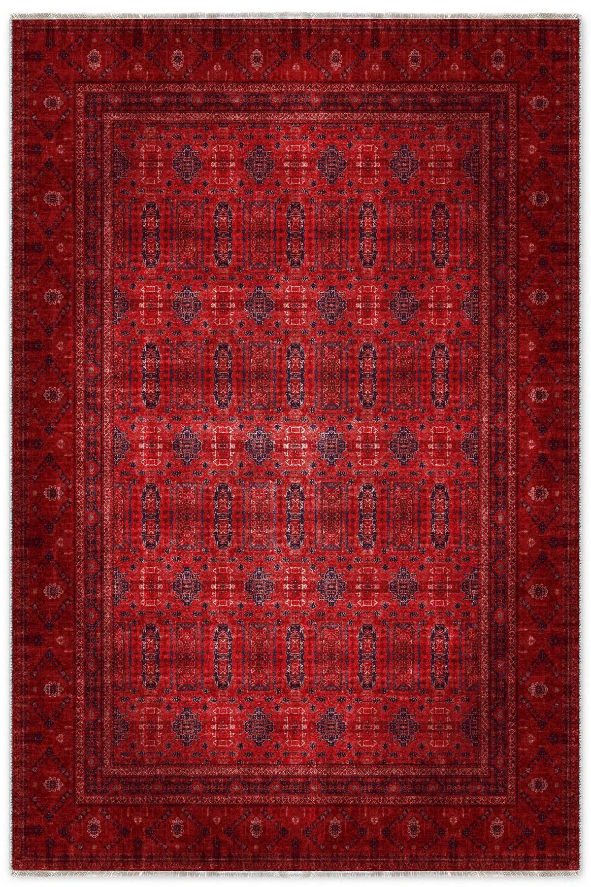 Tasarım Bordo Kırmızı Afgan Türkmen Şönil Halı Kilim Yolluk Kayma