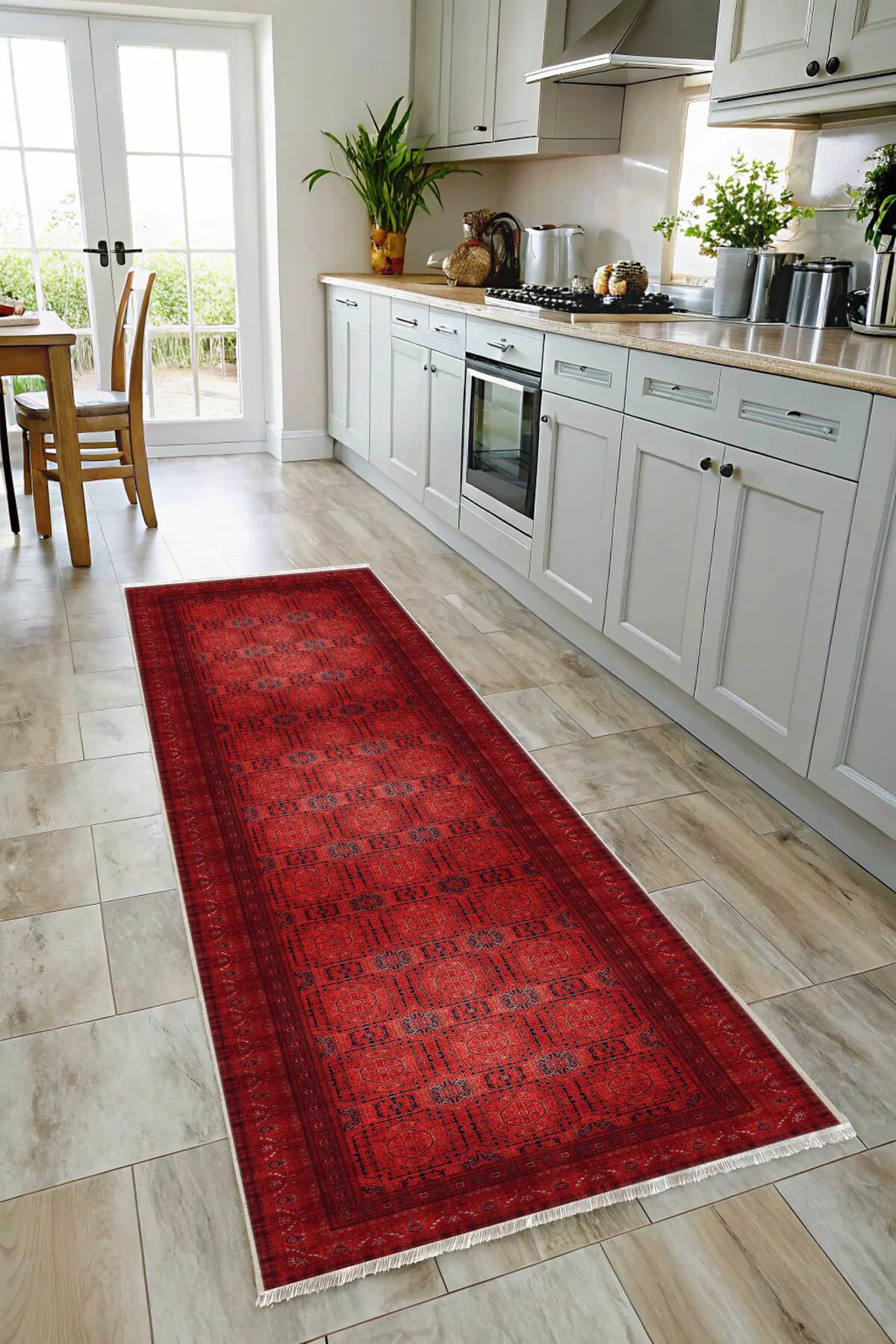 Tasarım Bordo Kırmızı Afgan Türkmen Şönil Halı Kilim Yolluk Kayma