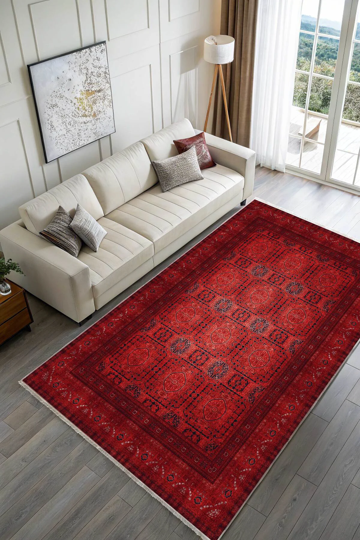 Tasarım Bordo Kırmızı Afgan Türkmen Şönil Halı Kilim Yolluk Kayma