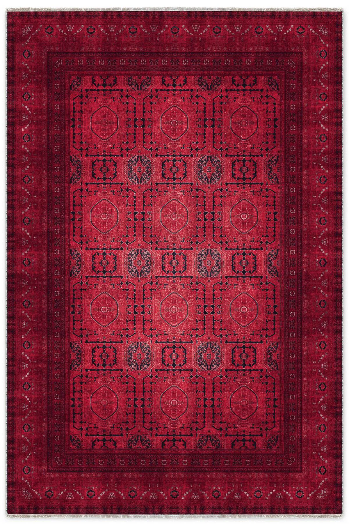 Tasarım Bordo Kırmızı Afgan Türkmen Şönil Halı Kilim Yolluk Kayma