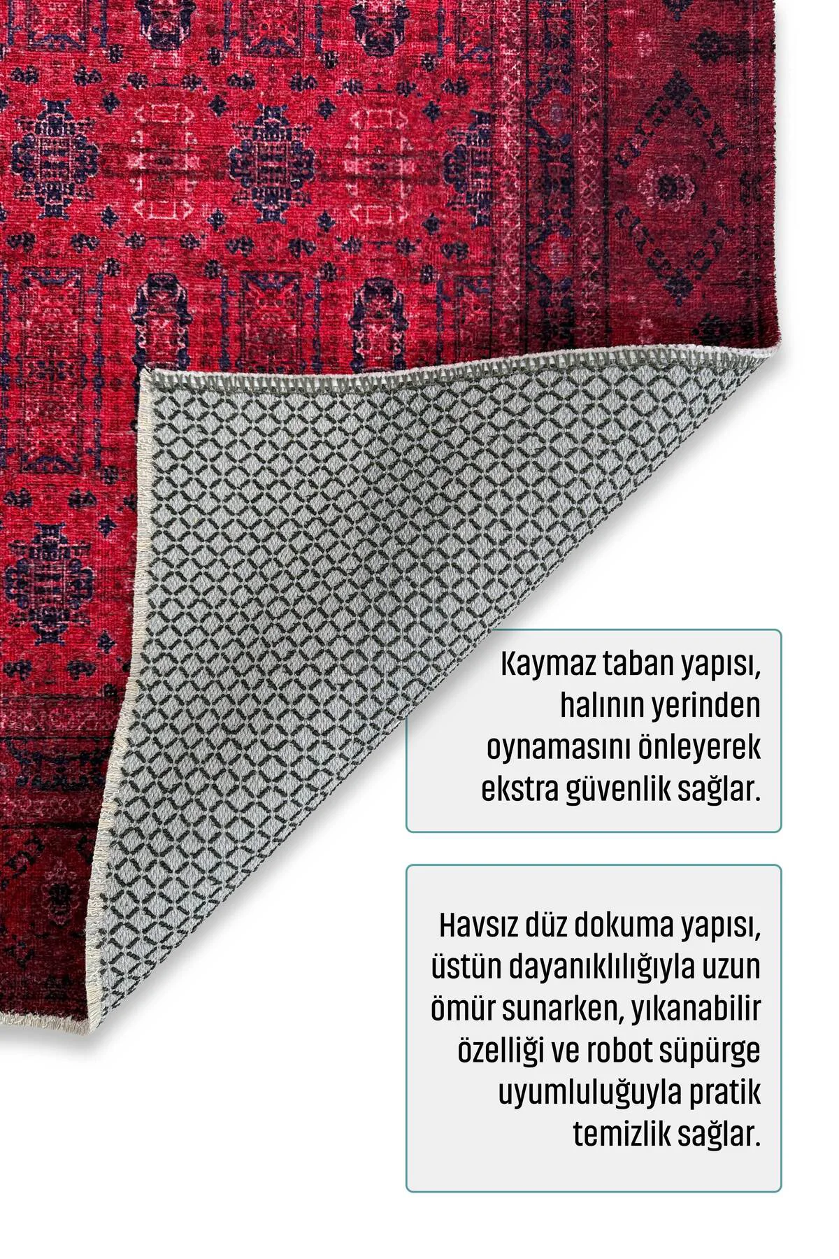 Tasarım Bordo Kırmızı Afgan Türkmen Şönil Halı Kilim Yolluk Kayma