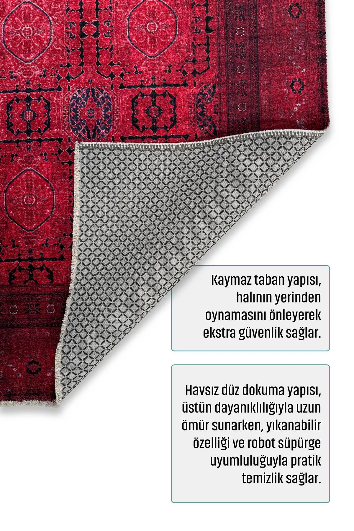 Tasarım Bordo Kırmızı Afgan Türkmen Şönil Halı Kilim Yolluk Kayma