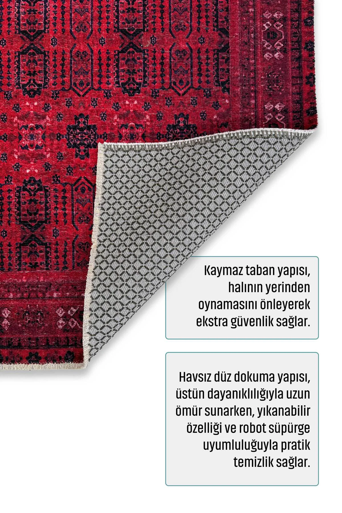 Tasarım Bordo Kırmızı Afgan Türkmen Şönil Halı Kilim Yolluk Kayma
