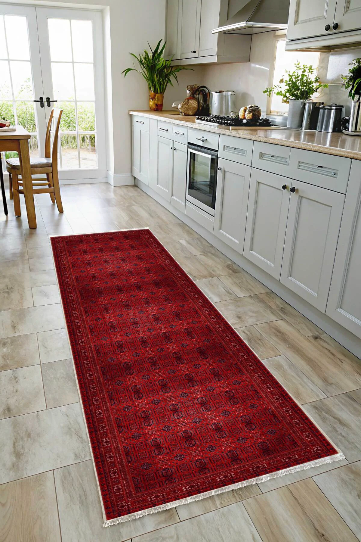 Tasarım Bordo Kırmızı Afgan Türkmen Şönil Halı Kilim Yolluk Kayma