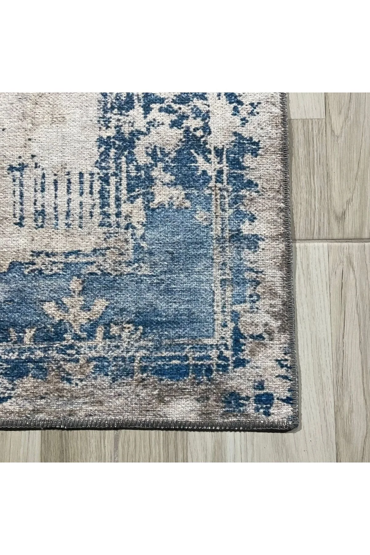 Tasarım Çift Taraflı Yıkanabilir Şönil Halı Kilim Yolluk Eskitme Çerçeveli Mavi