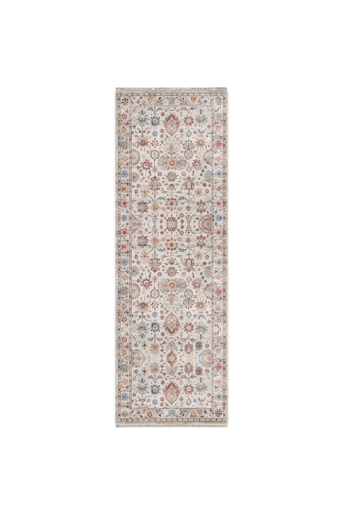 Tasarım Çift Taraflı Yıkanabilir Şönil Halı Kilim Yolluk Çiçek Motifli Bej Krem Renkli