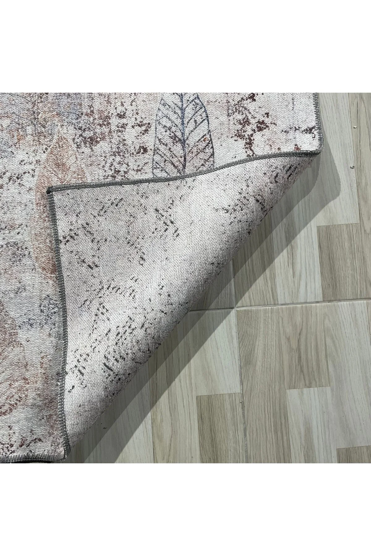 Tasarım Çift Taraflı Yıkanabilir Şönil Halı Kilim Yolluk Vizon Kahve Yaprak Desenli