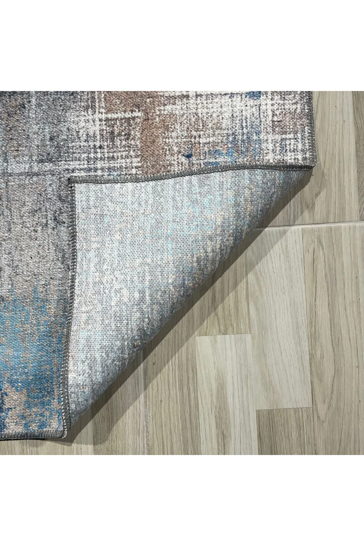 Tasarım Çift Taraflı Yıkanabilir Şönil Halı Kilim Yolluk Abstract Bej Mavi