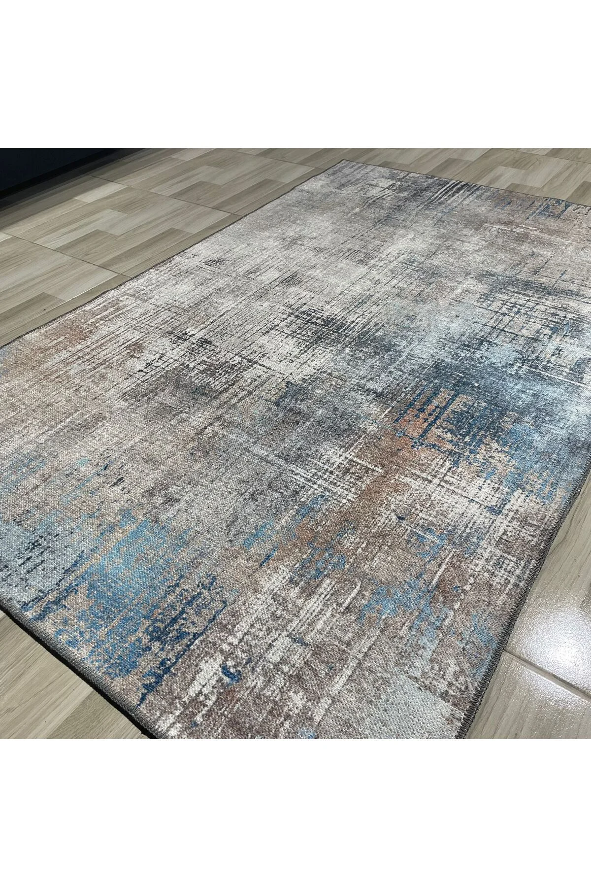 Tasarım Çift Taraflı Yıkanabilir Şönil Halı Kilim Yolluk Abstract Bej Mavi